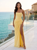 Butter Yellow Strapless Draped Maxi Dress