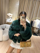 Lime Fox Fur Genuine Leather Jacket in dark green