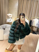 Lime Fox Fur Genuine Leather Jacket in dark green