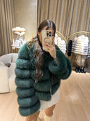 Lime Fox Fur Genuine Leather Jacket in dark green