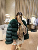 Lime Fox Fur Genuine Leather Jacket in dark green