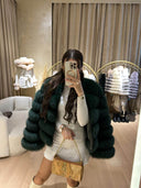 Lime Fox Fur Genuine Leather Jacket in dark green