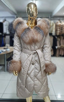 Fox Fur Trim Puffer Jacket in beige