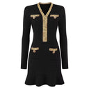 Elegant Crystal Knit Long Sleeve Mermaid Fishtail Mini Party Dress