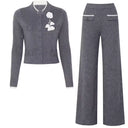 Flower Accent Knit Vest & Solid Pants Two-Piece Set