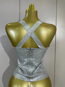 Silver Metallic Corset Top – Cross Back Evening Top