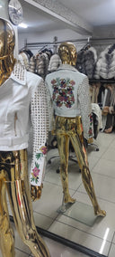 Genuine Leather Embroidered Biker Jacket in white